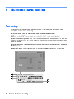 Page 263 Illustrated parts catalog
Service tag
When ordering parts or requesting information, provide the computer serial number and model
description provided on the service tag.
(1) Product name: This is the product name affixed to the front of the computer.
(2) Serial number (s/n): This is an alphanumeric identifier that is unique to each product.
(3) Part number/Product number (p/n): This number provides specific information about the products
hardware components. The part number helps a service technician...