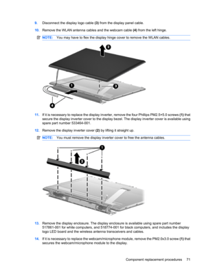 Page 799.Disconnect the display logo cable (3) from the display panel cable.
10.Remove the WLAN antenna cables and the webcam cable (4) from the left hinge.
NOTE:You may have to flex the display hinge cover to remove the WLAN cables.
11.If it is necessary to replace the display inverter, remove the four Phillips PM2.5×5.0 screws (1) that
secure the display inverter cover to the display bezel. The display inverter cover is available using
spare part number 533464-001.
12.Remove the display inverter cover (2) by...