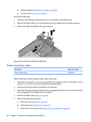 Page 94d.Display assembly (see Display assembly on page 68).
e.Top cover (see 
Top cover on page 80).
Remove the USB board:
1.Disconnect the USB board cable (1) from the LIF connector on the system board.
2.Remove the Phillips PM2.5×7.0 screw (2) that secures the USB board to the base enclosure.
3.Remove the USB board (3) from the base enclosure.
Reverse this procedure to install the USB board.
Power connector cable
DescriptionSpare part number
Power connector cable533465-001
Before removing the power connector...