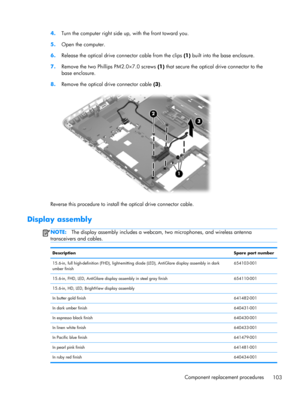 Page 1114.
Turn the computer right side up, with the front toward you.
5.Open the computer.
6.
Release the optical drive connector cable from the clips (1) built into the base enclosure.
7.Remove the two Phillips PM2.0×7.0 screws (1) that secure the optical drive connector to the
base enclosure.
8.
Remove the optical drive connector cable (3).
Reverse this procedure to install the optical drive connector cable.
Display assembly
NOTE:The display assembly includes a webcam, two microphones, and wireless antenna...