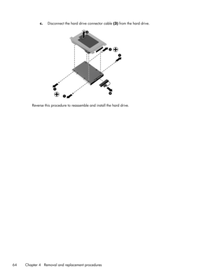 Page 72c.
Disconnect the hard drive connector cable (3) from the hard drive.
Reverse this procedure to reassemble and install the hard drive.
64 Chapter 4   Removal and replacement procedures 