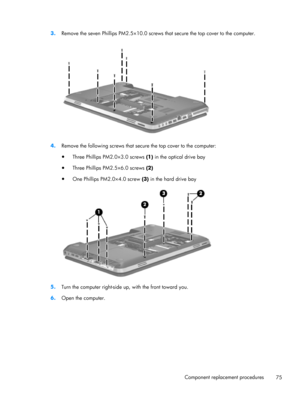 Page 833.
Remove the seven Phillips PM2.5×10.0 screws that secure the top cover to the computer.
4.Remove the following screws that secure the top cover to the computer:
●
Three Phillips PM2.0×3.0 screws (1) in the optical drive bay
●
Three Phillips PM2.5×6.0 screws (2)
●
One Phillips PM2.0×4.0 screw (3) in the hard drive bay
5.
Turn the computer right-side up, with the front toward you.
6.Open the computer.
Component replacement procedures
75 