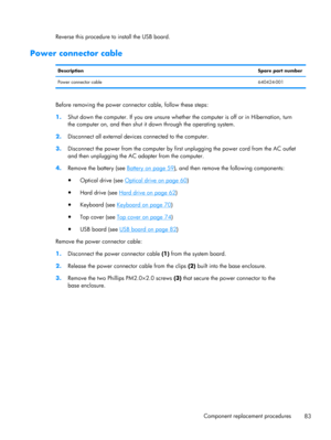 Page 91Reverse this procedure to install the USB board.
Power connector cable
DescriptionSpare part number
Power connector cable640424-001
Before removing the power connector cable, follow these steps:
1.Shut down the computer. If you are unsure whether the computer is off or in Hibernation, turn
the computer on, and then shut it down through the operating system.
2.Disconnect all external devices connected to the computer.
3.Disconnect the power from the computer by first unplugging the power cord from the AC...