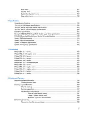 Page 7Main menu ....................................................................................................................... 101
Security menu .................................................................................................................. 101
System Configuration menu ............................................................................................  101
Diagnostics menu...