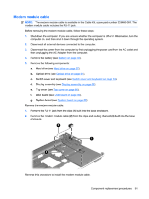 Page 99Modem module cable
NOTE:The modem module cable is available in the Cable Kit, spare part number 533466-001. The
modem module cable includes the RJ-11 jack.
Before removing the modem module cable, follow these steps:
1.Shut down the computer. If you are unsure whether the computer is off or in Hibernation, turn the
computer on, and then shut it down through the operating system.
2.Disconnect all external devices connected to the computer.
3.Disconnect the power from the computer by first unplugging the...