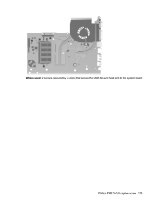 Page 137Where used: 2 screws (secured by C-clips) that secure the UMA fan and heat sink to the system board
Phillips PM2.5×5.0 captive screw 129 