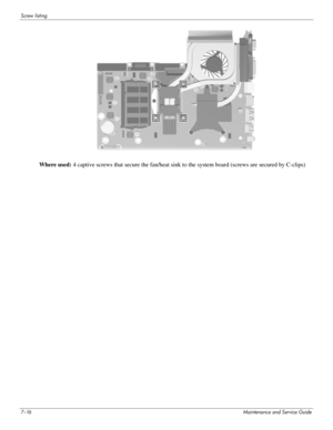 Page 1117–16Maintenance and Service Guide
Screw listing
Where used: 4 captive screws that secure the fan/heat sink to the system board (screws are secured by C-clips)
 
  