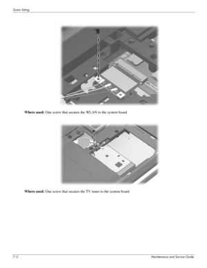 Page 977–2Maintenance and Service Guide
Screw listing
Where used: One screw that secures the WLAN to the system board
Where used: One screw that secures the TV tuner to the system board  