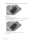 Page 8010.Using the tab (2) on the right side of the hard drive, lift the hard drive to a 45-degree angle, and
then remove the hard drive (3) from the computer.
To install the hard drive:
1.Insert the hard drive into the hard drive bay.
2.Using the tab (1), pull the hard drive to the right so that the rubber spacers tuck into the openings
on the left side of the hard drive bay.
3.Connect the hard drive cable (2) to the hard drive connector on the system board.
4.Align the tabs (1) on the hard drive cover with...