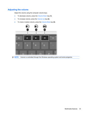 Page 39Adjusting the volume
Adjust the volume using the computer volume keys.
●To decrease volume, press the Volume Down key (1).
●To increase volume, press the Volume Up key (2).
●To mute or restore volume, press the Volume Mute key (3).
NOTE:Volume is controlled through the Windows operating system and some programs.
Multimedia features 33 