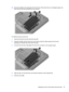 Page 7310.Using the tab (2) on the right side of the hard drive, lift the hard drive to a 45-degree angle, and
then remove the hard drive (3) from the computer.
To install the primary hard drive:
1.Insert the hard drive into the hard drive bay (1).
2.Using the tab (2), pull the hard drive to the right so that the rubber spacers tuck into the
openings on the right side of the hard drive bay.
3.Connect the hard drive cable (3) to the hard drive connector on the system board.
4.Align the tabs on the hard drive...