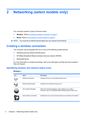 Page 122 Networking (select models only)
Your computer supports 2 types of Internet access:
●Wireless—Refer to 
Creating a wireless connection on page 2.
●Wired—Refer to 
Connecting to a wired network on page 9.
NOTE:You must set up Internet service before you can connect to the Internet.
Creating a wireless connection
Your computer may be equipped with one or more of the following wireless devices:
●Wireless local area network (WLAN) device
●HP Mobile Broadband Module (wireless wide area network (WWAN)...