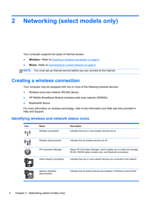 Page 122 Networking (select models only)
Your computer supports two types of Internet access:
●Wireless—Refer to 
Creating a wireless connection on page 2.
●Wired—Refer to 
Connecting to a wired network on page 8.
NOTE:You must set up Internet service before you can connect to the Internet.
Creating a wireless connection
Your computer may be equipped with one or more of the following wireless devices:
●Wireless local area network (WLAN) device
●HP Mobile Broadband Module (wireless wide area network (WWAN))...