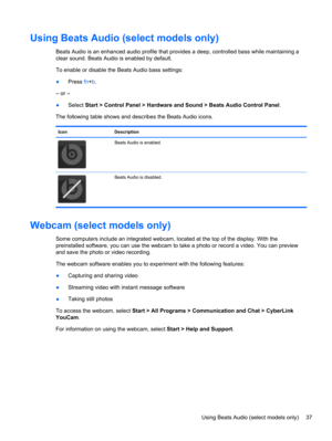 Page 47Using Beats Audio (select models only)
Beats Audio is an enhanced audio profile that provides a deep, controlled bass while maintaining a
clear sound. Beats Audio is enabled by default.
To enable or disable the Beats Audio bass settings:
●Press fn+b.
– or –
●Select Start > Control Panel > Hardware and Sound > Beats Audio Control Panel.
The following table shows and describes the Beats Audio icons.
Icon Description
Beats Audio is enabled.
Beats Audio is disabled.
Webcam (select models only)
Some computers...
