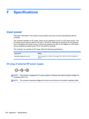 Page 110F Specifications
Input power
The power information in this section may be helpful if you plan to travel internationally with the
computer.
The computer operates on DC power, which can be supplied by an AC or a DC power source. The
AC power source must be rated at 100–240 V, 50–60 Hz. Although the computer can be powered
from a standalone DC power source, it should be powered only with an AC adapter or a DC power
source supplied and approved by HP for use with this computer.
The computer can operate on DC...