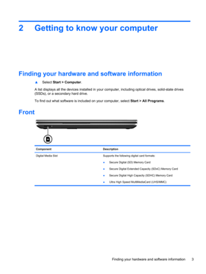 Page 132 Getting to know your computer
Finding your hardware and software information
▲Select Start > Computer.
A list displays all the devices installed in your computer, including optical drives, solid-state drives
(SSDs), or a secondary hard drive.
To find out what software is included on your computer, select Start > All Programs.
Front 
Component Description
Digital Media Slot  Supports the following digital card formats:
●Secure Digital (SD) Memory Card
●Secure Digital Extended Capacity (SDxC) Memory...