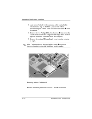 Page 1365–20 Maintenance and Service Guide
Removal and Replacement Procedures
3. Make note of which wireless antenna cable is attached to 
which antenna clip on the Mini Card module before 
disconnecting the cables, Then disconnect the cables 1 from 
the module.
4. Remove the two Phillips PM2.5×5.0 screws 2 that secure the 
Mini Card module to the computer. (The edge of the module 
opposite the socket rises away from the computer).
5. Remove the module 3 by pulling it away from the socket at 
an angle.
✎Mini...