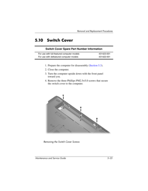 Page 139Removal and Replacement Procedures
Maintenance and Service Guide 5–23
5.10 Switch Cover
1. Prepare the computer for disassembly (Section 5.3).
2. Close the computer.
3. Turn the computer upside down with the front panel 
toward you.
4. Remove the three Phillips PM2.5×5.0 screws that secure 
the switch cover to the computer.
Removing the Switch Cover Screws
Switch Cover Spare Part Number Information
For use with full-featured computer models
For use with defeatured computer models431423-001
431422-001 