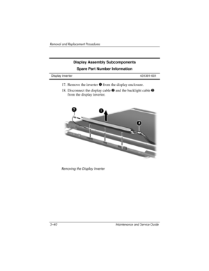 Page 1565–40 Maintenance and Service Guide
Removal and Replacement Procedures
17. Remove the inverter 1 from the display enclosure.
18. Disconnect the display cable 2 and the backlight cable 3 
from the display inverter.
Removing the Display Inverter
Display Assembly Subcomponents
Spare Part Number Information
Display inverter 431391-001 