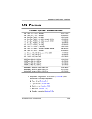 Page 185Removal and Replacement Procedures
Maintenance and Service Guide 5–69
5.22 Processor
1. Prepare the computer for disassembly (Section 5.3) and 
remove the following components:
❏Hard drive (Section 5.4)
❏Optical drive (Section 5.9)
❏Switch cover (Section 5.10)
❏Keyboard (Section 5.11)
❏Speaker assembly (Section 5.12)
Processor Spare Part Number Information
Intel Core Duo T7200 (2.00-GHz)
Intel Core Duo T1350 (1.86-GHz)
Intel Core Duo T5600 (1.83-GHz)
Intel Core Duo T5200 (1.66-GHz), use with dv6200
Intel...