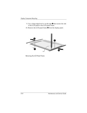 Page 254D–8 Maintenance and Service Guide
Display Component Recycling
9. Use a sharp-edged tool to cut the tape 1 that secures the side 
of the LCD panel to the LCD panel frame.
10. Remove the LCD panel frame 2 from the display panel.
Removing the LCD Panel Frame 