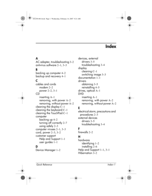 Page 43Quick Reference Index–1
Index
A
AC adapter, troubleshooting 3–2
antivirus software
 2–1, 3–3
B
backing up computer 4–2
backup and recovery
 4–1
C
cables and cords
modem
 2–2
power
 2–2, 3–1
CD
inserting
 A–1
removing, with power
 A–2
removing, without power
 A–2
cleaning the display
 C–1
cleaning the keyboard
 C–1
cleaning the TouchPad
 C–1
computer
backing up
 4–2
turning off correctly
 2–7
using safely
 2–3
computer viruses
 2–1, 3–3
cord, power
 2–3, 3–2
customer support
Help and Support
 1–1
user...