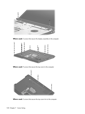 Page 128Where used: 2 screws that secure the display assembly to the computer
Where used: 9 screws that secure the top cover to the computer
Where used: 3 screws that secure the top cover trim to the computer
120 Chapter 7   Screw listing 