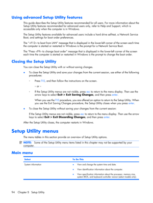 Page 102Using advanced Setup Utility features
This guide describes the Setup Utility features recommended for all users. For more information about the
Setup Utility features recommended for advanced users only, refer to Help and Support, which is
accessible only when the computer is in Windows.
The Setup Utility features available for advanced users include a hard drive self-test, a Network Service
Boot, and settings for boot order preferences.
The “ to boot from LAN” message that is displayed in the lower-left...