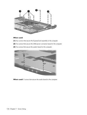 Page 134Where used:
(1) Four screws that secure the ExpressCard assembly to the computer
(2) Two screws that secure the USB/power connector board to the computer
(3) Two screws that secure the system board to the computer
Where used: 2 screws that secure the audio board to the computer
126 Chapter 7   Screw listing 