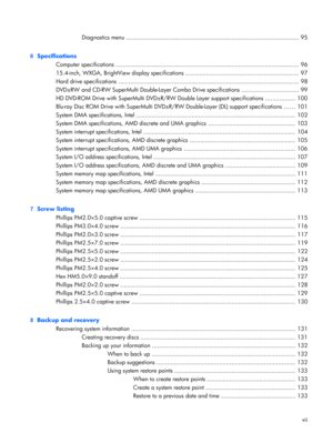 Page 7Diagnostics menu .................................................................................................... 95
6  Specifications
Computer specifications .......................................................................................................... 96
15.4-inch, WXGA, BrightView display specifications ................................................................. 97
Hard drive specifications...