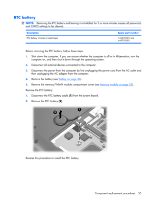 Page 63RTC battery
NOTE:Removing the RTC battery and leaving it uninstalled for 5 or more minutes causes all passwords
and CMOS settings to be cleared.
DescriptionSpare part number
RTC battery (includes 2-sided tape) 446518-001 and
449729-001
Before removing the RTC battery, follow these steps:
1.Shut down the computer. If you are unsure whether the computer is off or in Hibernation, turn the
computer on, and then shut it down through the operating system.
2.Disconnect all external devices connected to the...