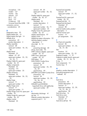 Page 156microphone 135
modem 137
monitor 136
network 137
RJ-11 137
RJ-45 137
S-Video-out 138
Universal Serial Bus (USB) 138
connectors, service
considerations 40
D
Diagnostics menu 95
Digital Media Slot 14
Digital Media Slot light 14
diskette drive
precautions 40
product description 4
display assembly
removal 68
spare part numbers 18,  35, 
68
display bezel
illustrated 25
release 47,  49
spare part numbers 25,  32, 
33,  35,  71
Display Cable Kit, spare part
number 26,  32
display components
illustrated 25...