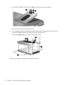 Page 604.Use the Mylar tab (1) to lift the hard drive (2) until it disconnects from the computer.
5.Remove the hard drive from the hard drive bay.
6.If it is necessary to remove the hard drive bracket, remove the four Phillips PM3.0×3.0 hard drive
bracket screws (1) that secure the hard drive bracket to the hard drive.
7.Lift the bracket (2) straight up to remove it from the hard drive.
Reverse this procedure to reassemble and install the hard drive.
52 Chapter 4   Removal and replacement procedures 