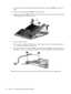 Page 923.Use the optical drive connector (1) to lift the right side of the system board (2) until it rests at an
angle.
4.Disconnect the audio board cable (3) from the system board.
5.Release the system board (4) by sliding it to the right until the connectors on the left side of the system
board disengage from the base enclosure.
6.Remove the system board.
7.If it is necessary to replace the USB/power connector board cable, turn the system board upside
down with the expansion port 3 toward you.
8.Disconnect...