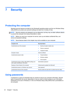 Page 547Security
Protecting the computer
Standard security features provided by the Windows® operating system and the non-Windows Setup
Utility (BIOS) can protect your personal settings and data from a variety of risks.
NOTE:Security solutions are designed to act as deterrents, but they may not deter software attacks
or prevent the computer from being mishandled or stolen.
NOTE:Before you send your computer for service, back up and delete confidential files, and
remove all password settings.
NOTE:Some features...