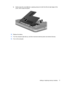 Page 81b.Gently press the cover (2) down, applying pressure to both the left and right edges of the
cover, until it snaps into place.
10.Replace the battery.
11.Turn the computer right-side up, and then reconnect external power and external devices.
12.Turn on the computer.
Adding or replacing memory modules 71 