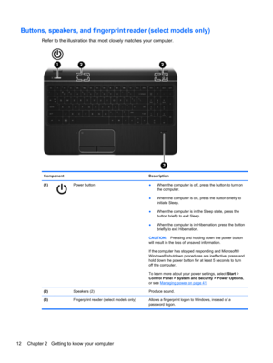 Page 22Buttons, speakers, and fingerprint reader (select models only)
Refer to the illustration that most closely matches your computer.
Component Description
(1)
Power button
●When the computer is off, press the button to turn on
the computer.
●When the computer is on, press the button briefly to
initiate Sleep.
●When the computer is in the Sleep state, press the
button briefly to exit Sleep.
●When the computer is in Hibernation, press the button
briefly to exit Hibernation.
CAUTION:Pressing and holding down...