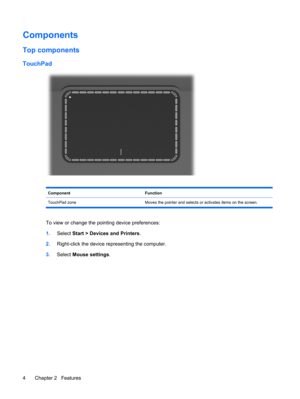 Page 14Components
Top components
TouchPad
ComponentFunction
TouchPad zone Moves the pointer and selects or activates items on the screen.
To view or change the pointing device preferences:
1.Select Start > Devices and Printers.
2.Right-click the device representing the computer.
3.Select Mouse settings.
4 Chapter 2   Features 