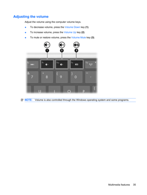 Page 45Adjusting the volume
Adjust the volume using the computer volume keys.
●To decrease volume, press the Volume Down key (1).
●To increase volume, press the Volume Up key (2).
●To mute or restore volume, press the Volume Mute key (3).
NOTE:Volume is also controlled through the Windows operating system and some programs.
Multimedia features 35 