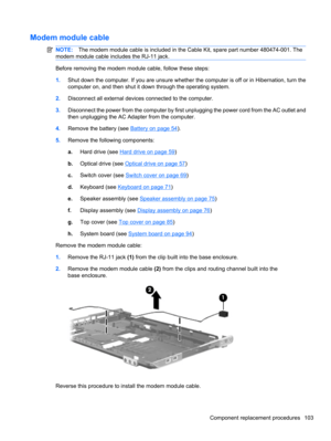 Page 113Modem module cable
NOTE:The modem module cable is included in the Cable Kit, spare part number 480474-001. The
modem module cable includes the RJ-11 jack.
Before removing the modem module cable, follow these steps:
1.Shut down the computer. If you are unsure whether the computer is off or in Hibernation, turn the
computer on, and then shut it down through the operating system.
2.Disconnect all external devices connected to the computer.
3.Disconnect the power from the computer by first unplugging the...