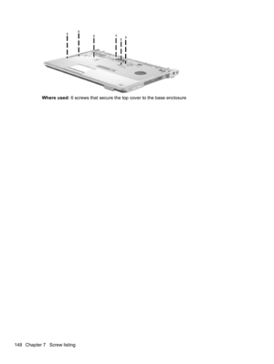 Page 158Where used: 6 screws that secure the top cover to the base enclosure
148 Chapter 7   Screw listing 