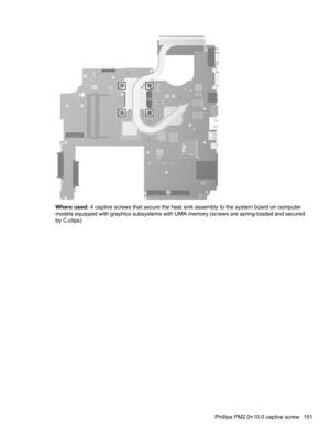 Page 161Where used: 4 captive screws that secure the heat sink assembly to the system board on computer
models equipped with graphics subsystems with UMA memory (screws are spring-loaded and secured
by C-clips)
Phillips PM2.0×10.0 captive screw 151 