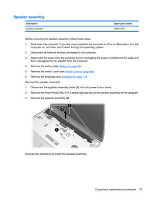 Page 85Speaker assembly
DescriptionSpare part number
Speaker assembly480470-001
Before removing the speaker assembly, follow these steps:
1.Shut down the computer. If you are unsure whether the computer is off or in Hibernation, turn the
computer on, and then shut it down through the operating system.
2.Disconnect all external devices connected to the computer.
3.Disconnect the power from the computer by first unplugging the power cord from the AC outlet and
then unplugging the AC adapter from the computer....