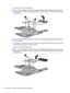 Page 1163.Remove the heat sink assembly (2).
NOTE:Due to the adhesive quality of the thermal material located between the heat sink and
system board components, it may be necessary to move the heat sink from side to side to detach
the assembly.
NOTE:Steps 4 through 6 apply only to computer models equipped with graphics subsystems
with UMA memory.
4.If it is necessary to replace the heat sink, loosen the four Phillips PM2.5×10.0 captive screws (1)
that secure the heat sink to the system board.
5.Remove the heat...