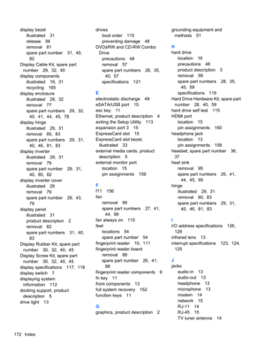Page 182display bezel
illustrated 31
release 56
removal 81
spare part number 31,  40,
82
Display Cable Kit, spare part
number 29,  32,  40
display components
illustrated 19,  31
recycling 165
display enclosure
illustrated 29,  32
removal 77
spare part numbers 29,  32,
40,  41,  44,  45,  78
display hinge
illustrated 29,  31
removal 80,  83
spare part numbers 29,  31,
40,  46,  81,  83
display inverter
illustrated 29,  31
removal 79
spare part number 29,  31,
40,  80,  82
display inverter cover
illustrated 29...