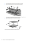 Page 705.Use the Mylar tabs (2) to disconnect the hard drives (3) from the computer.
6.Remove the hard drives (4) from the computer by lifting them straight up.
7.If it is necessary to replace the hard drive bracket, remove the four Phillips PM3.0×4.0
screws (1) that secure the hard drive bracket to the hard drive.
8.Lift the bracket (2) straight up to remove it from the hard drive.
Reverse this procedure to reassemble and install the hard drive.
60 Chapter 4   Removal and replacement procedures 