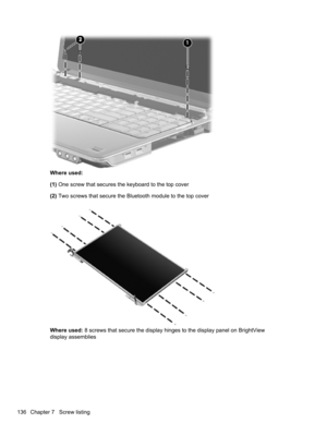 Page 146Where used:
(1) One screw that secures the keyboard to the top cover
(2) Two screws that secure the Bluetooth module to the top cover
Where used: 8 screws that secure the display hinges to the display panel on BrightView
display assemblies
136 Chapter 7   Screw listing 