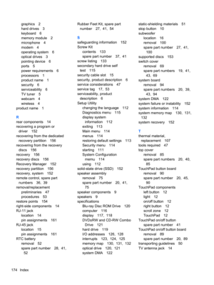 Page 184graphics 2
hard drives 3
keyboard 6
memory module 2
microphone 4
modem 4
operating system 6
optical drives 3
pointing device 6
ports 5
power requirements 6
processors 1
product name 1
security 6
serviceability 6
TV tuner 5
webcam 4
wireless 4
product name 1
R
rear components 14
recovering a program or
driver 152
recovering from the dedicated
recovery partition 156
recovering from the recovery
discs 156
recovery 156
recovery discs 156
Recovery Manager 152
recovery partition 156
recovery, system 152
remote...