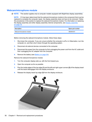 Page 66Webcam/microphone module
NOTE:This section applies only to computer models equipped with BrightView display assemblies.
NOTE:If it has been determined that the webcam/microphone module is the component that must be
replaced to complete the computer repair, the display assembly does not have to be removed. Follow
the procedures in this section to replace the webcam/microphone module. For information on replacing
the display assembly and other display assembly internal components, see 
Display assembly
on...