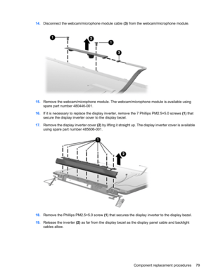 Page 8914.Disconnect the webcam/microphone module cable (3) from the webcam/microphone module.
15.Remove the webcam/microphone module. The webcam/microphone module is available using
spare part number 480446-001.
16.If it is necessary to replace the display inverter, remove the 7 Phillips PM2.5×5.0 screws (1) that
secure the display inverter cover to the display bezel.
17.Remove the display inverter cover (2) by lifting it straight up. The display inverter cover is available
using spare part number 485606-001....